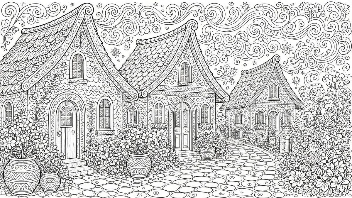 Folk Village Houses colored inspiration art