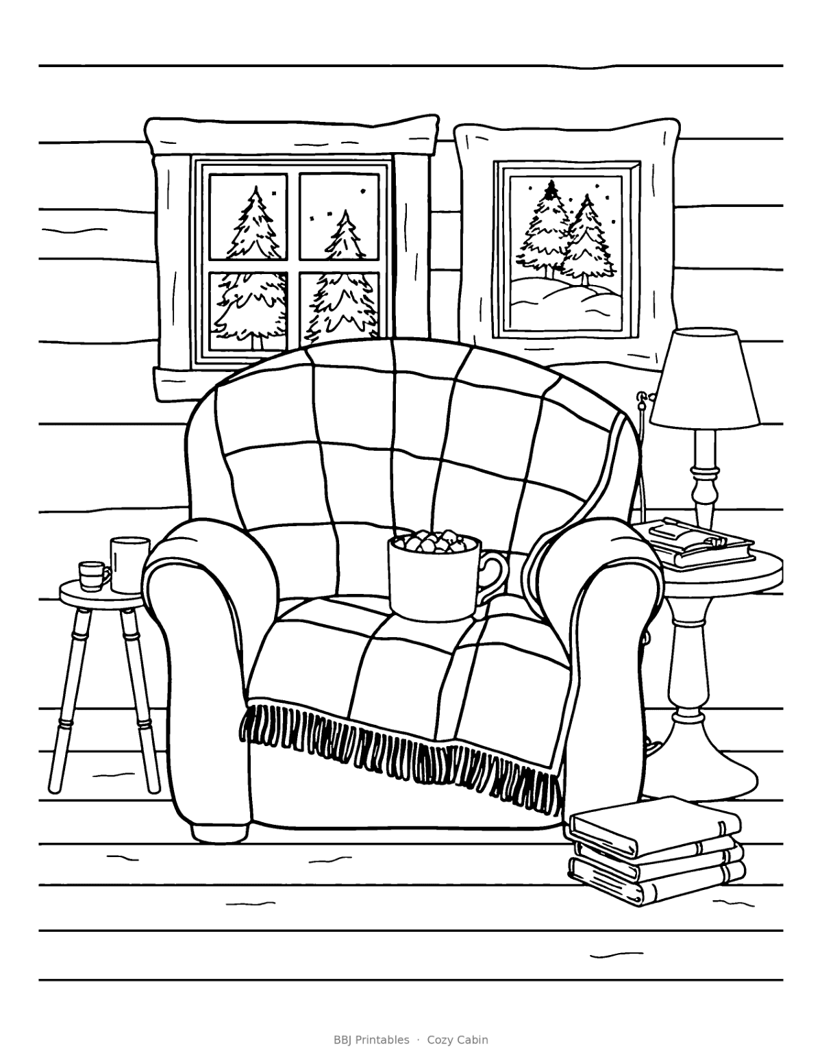 Cozy Cabin Christmas Coloring Pages for Teens & Adults (10 Scenes + Middle & High School Art Sub Plan) preview 3