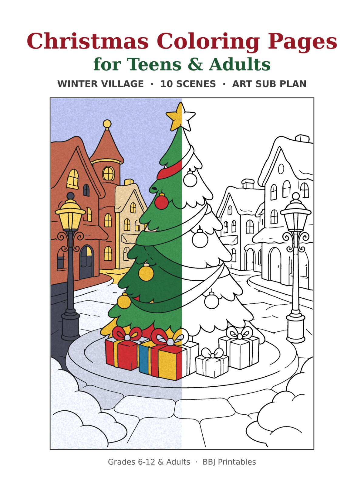 Preview of Christmas Coloring Pages for Teens & Adults: Winter Village (10 Scenes + Art Sub Plan)