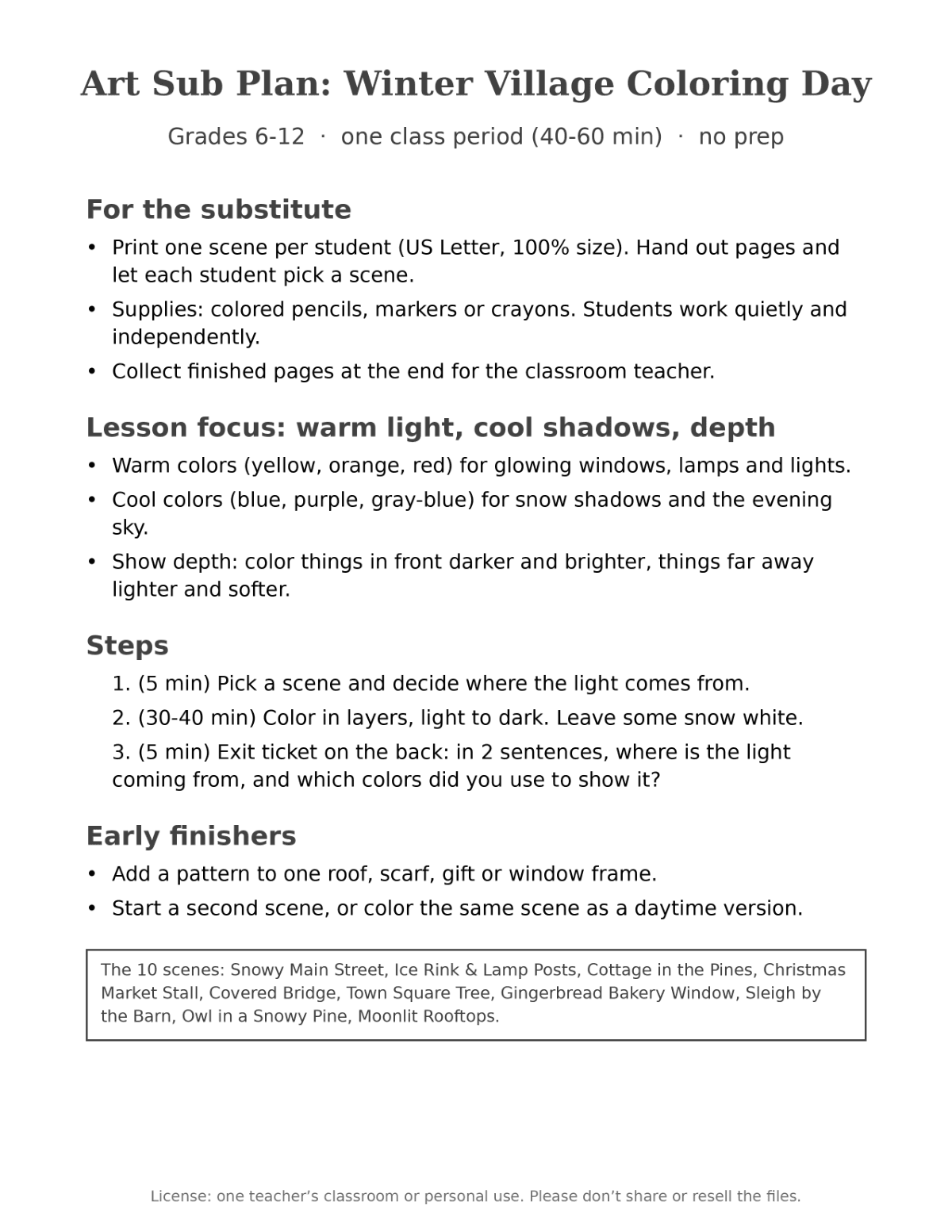 Christmas Coloring Pages for Teens & Adults: Winter Village (10 Scenes + Art Sub Plan) preview 2