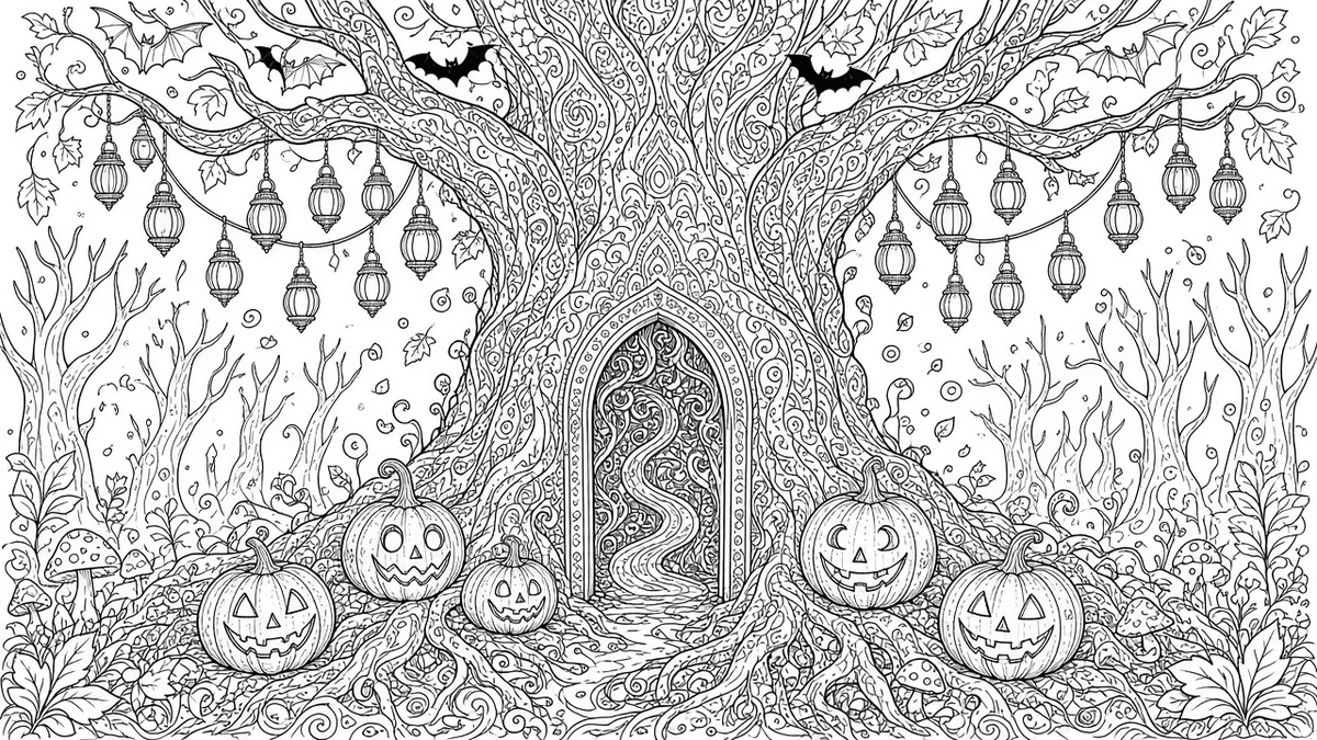 Adult Halloween coloring page preview – forest
