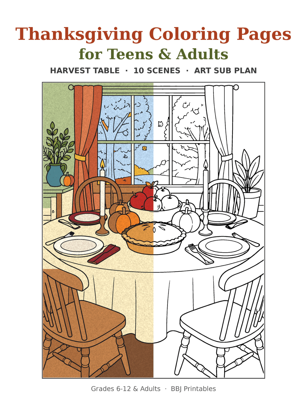 Preview of Thanksgiving Coloring Pages for Teens & Adults: Harvest Table (10 Scenes + Art Sub Plan)