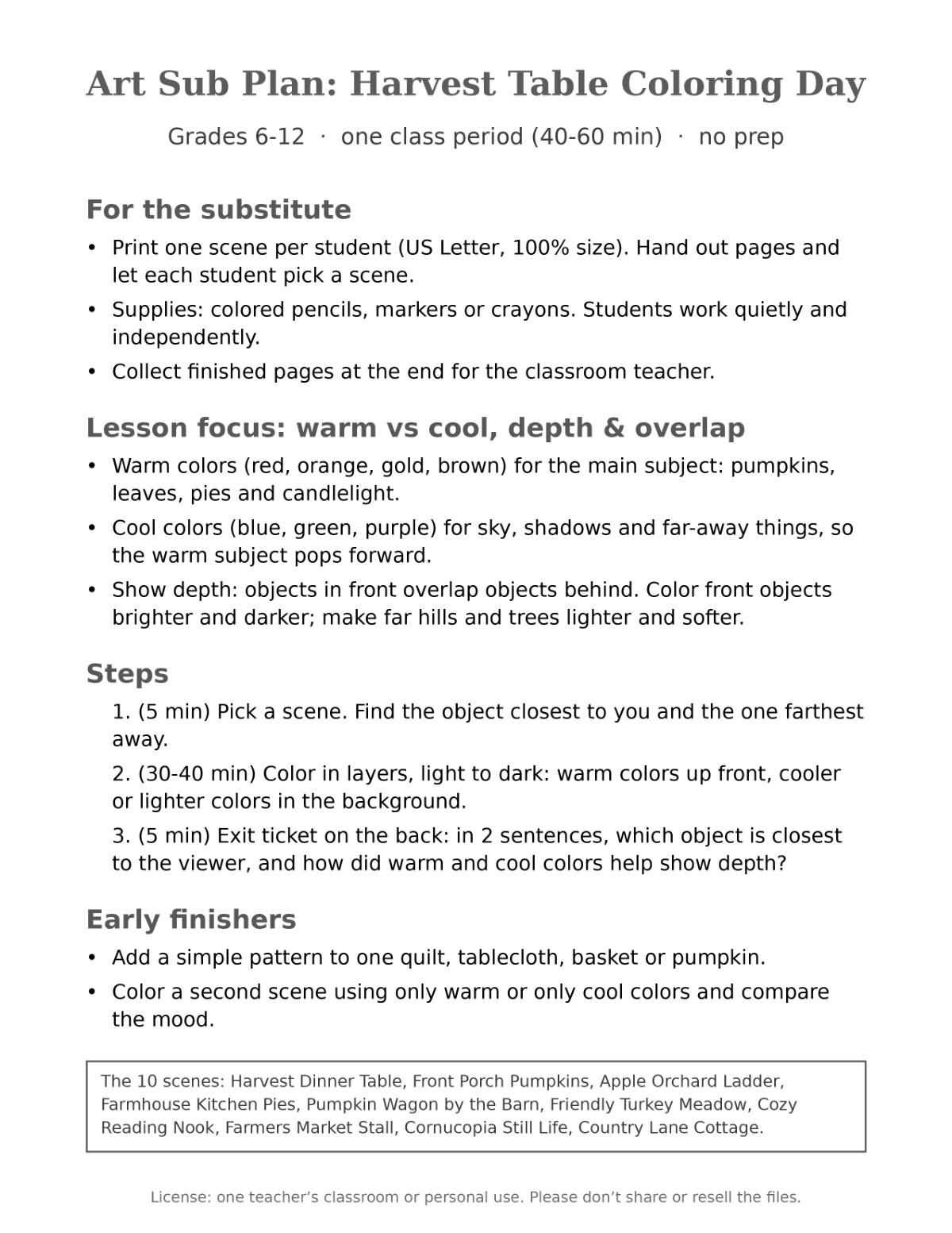 Thanksgiving Coloring Pages for Teens & Adults: Harvest Table (10 Scenes + Art Sub Plan) preview 2