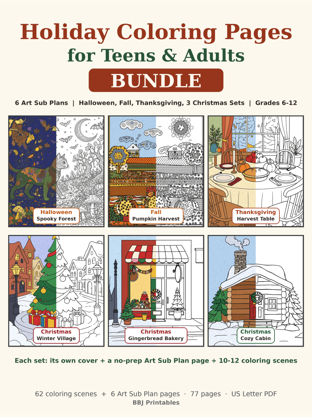 Preview of Holiday Coloring Pages for Teens & Adults Bundle: 6 Art Sub Plans (Halloween, Fall, Thanksgiving, 3 Christmas Sets)