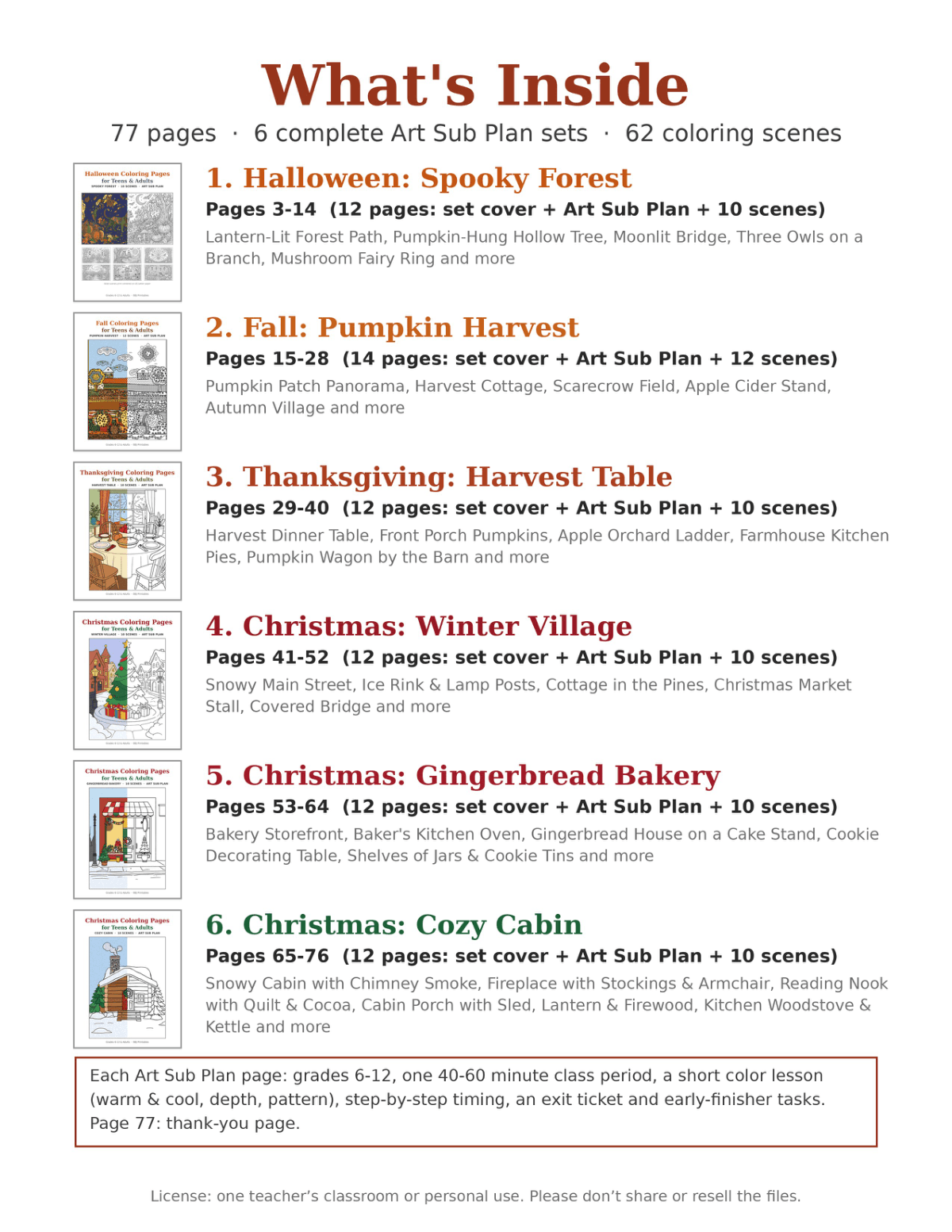 Holiday Coloring Pages for Teens & Adults Bundle: 6 Art Sub Plans (Halloween, Fall, Thanksgiving, 3 Christmas Sets) preview 2