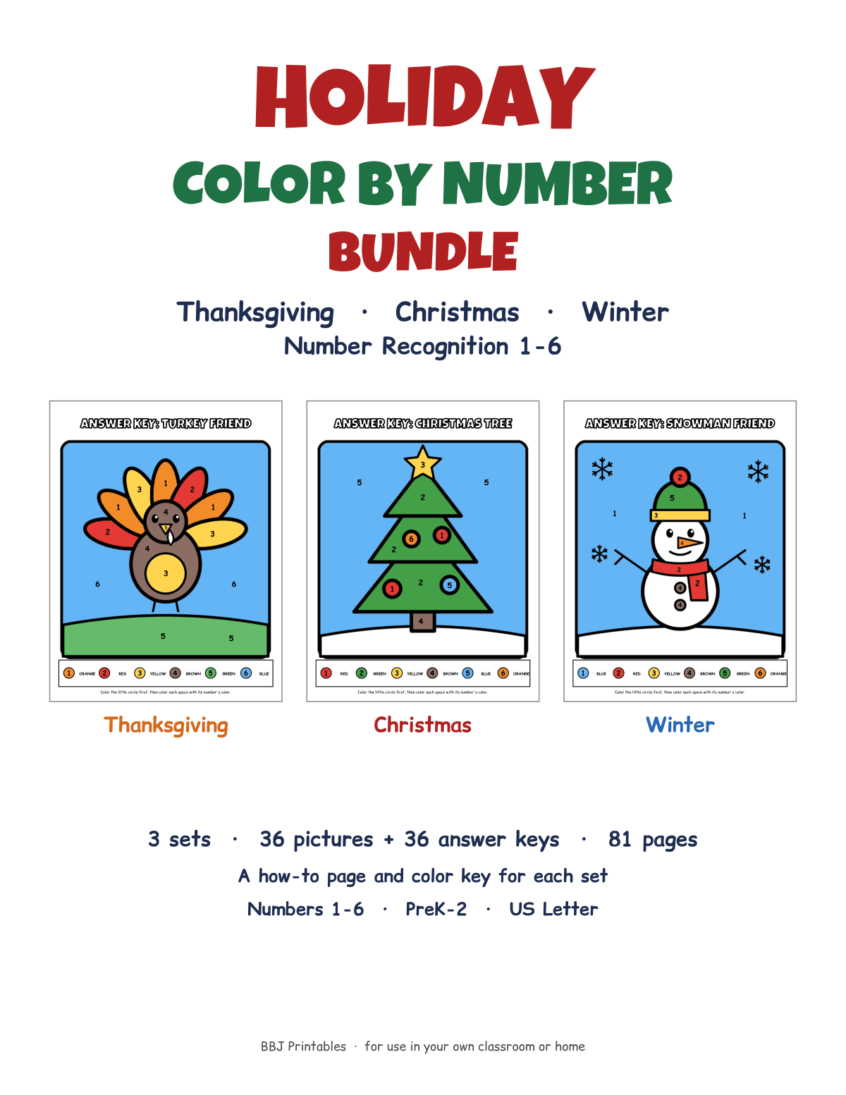 Preview of Holiday Color by Number Bundle 1–6: Thanksgiving, Christmas & Winter, 36 Pages + Answer Keys (PreK–2)
