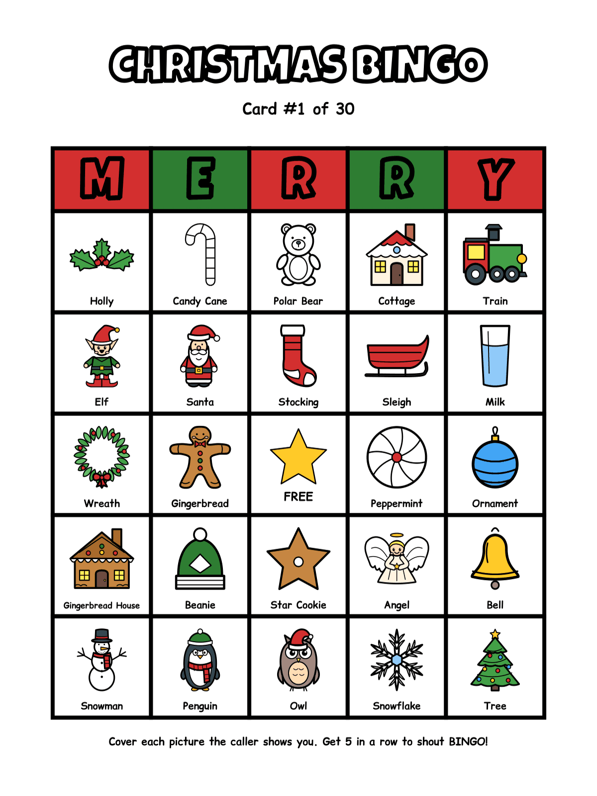 Christmas Bingo: 30 Unique Picture Cards + Calling Cards (Color & Low-Ink, Ages 4+) preview 2