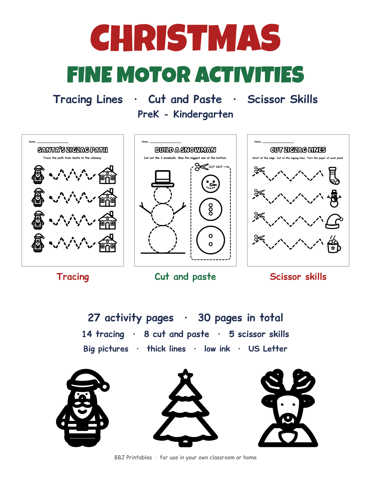 Preview of Christmas Fine Motor Activities: Tracing Lines, Cut & Paste and Scissor Skills, 27 Activity Pages (PreK–K)