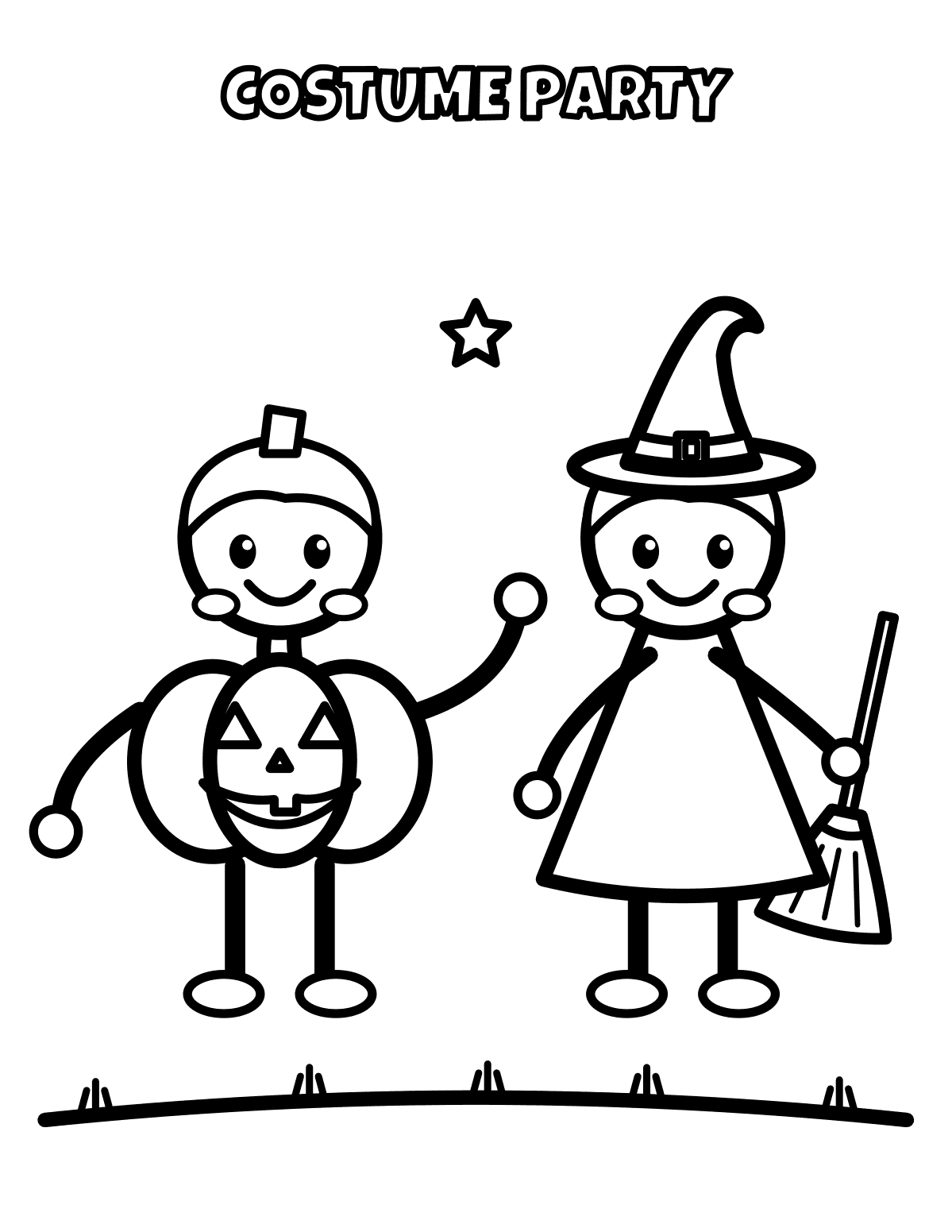 Free kids Halloween coloring page: two children in pumpkin and witch costumes