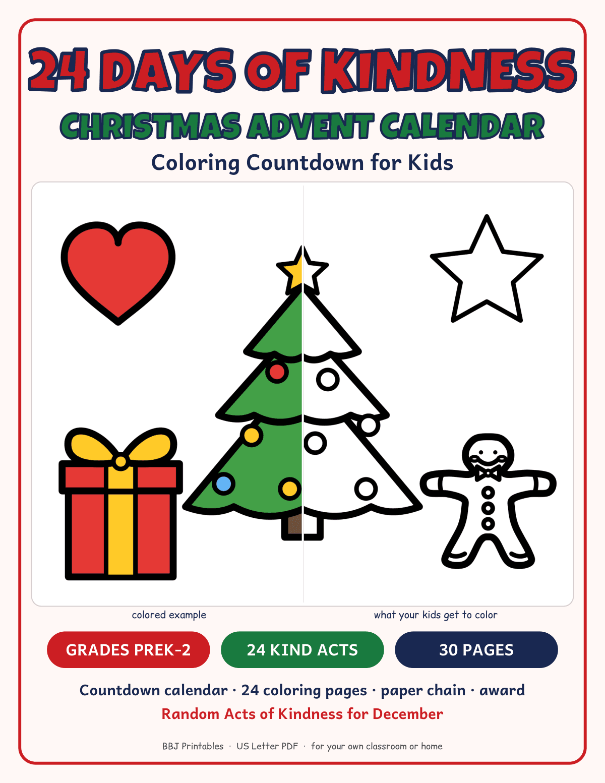 Preview of 24 Days of Kindness Christmas Advent Calendar for Kids: Coloring Countdown, PreK-2, 30 Pages