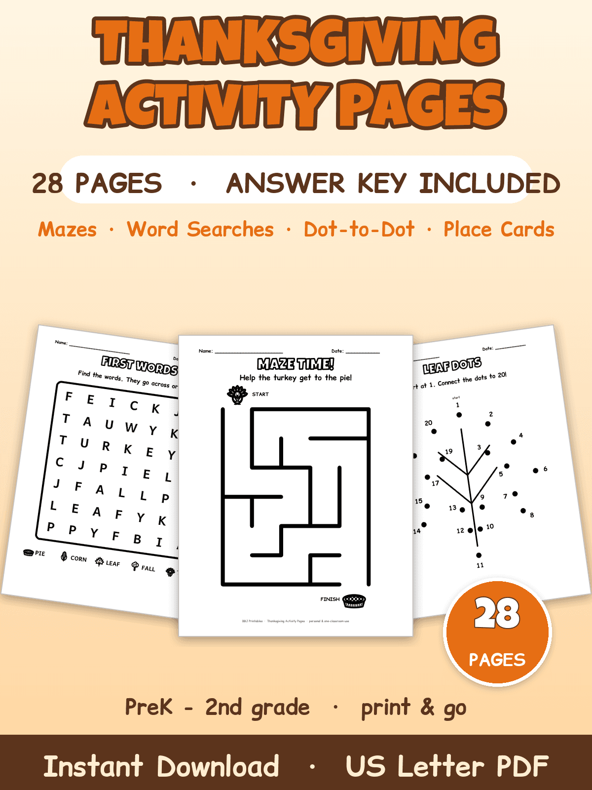 Preview of Thanksgiving Activity Pages: Maze, Word Search, Dot to Dot & Place Cards (PreK–2nd, 28 Pages with Answer Key)
