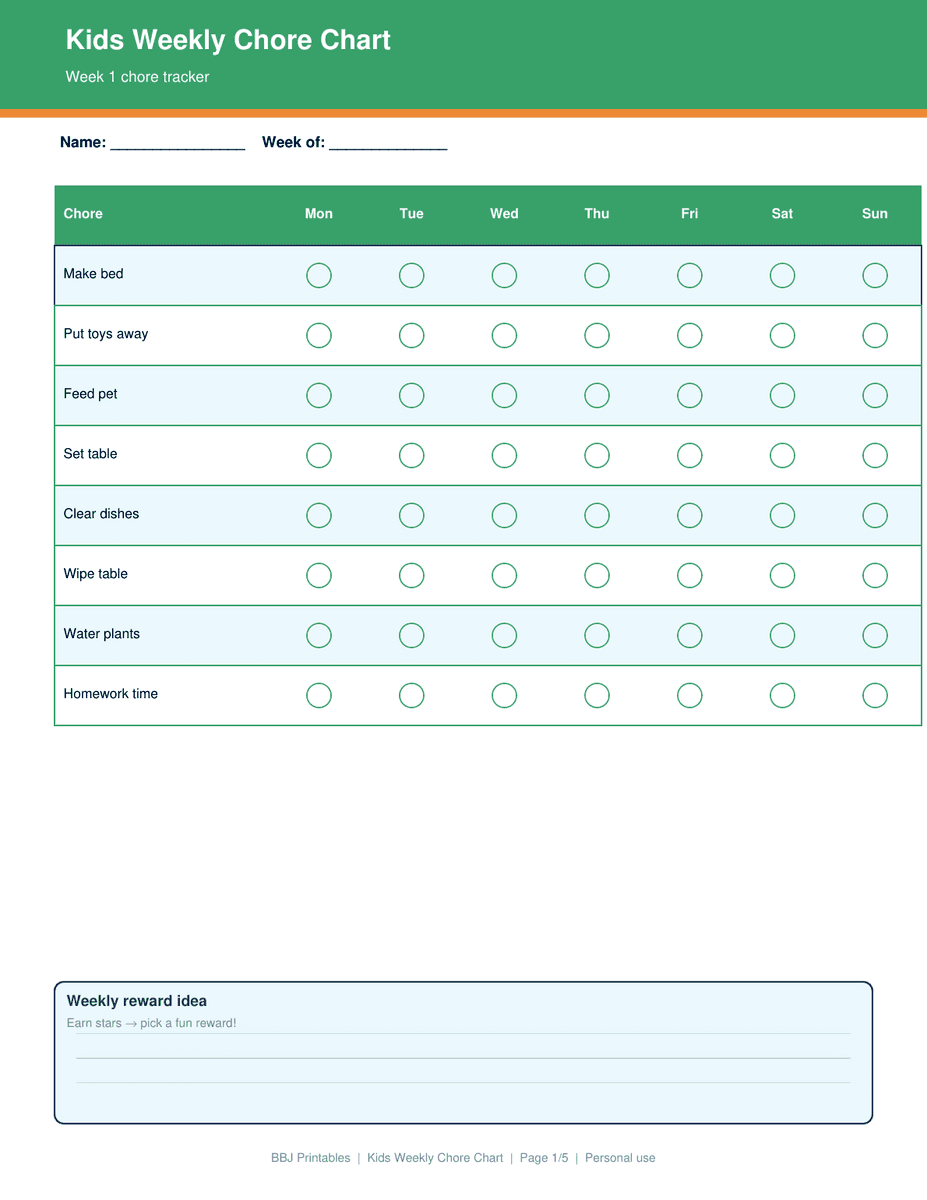 Preview of Kids Weekly Chore Chart