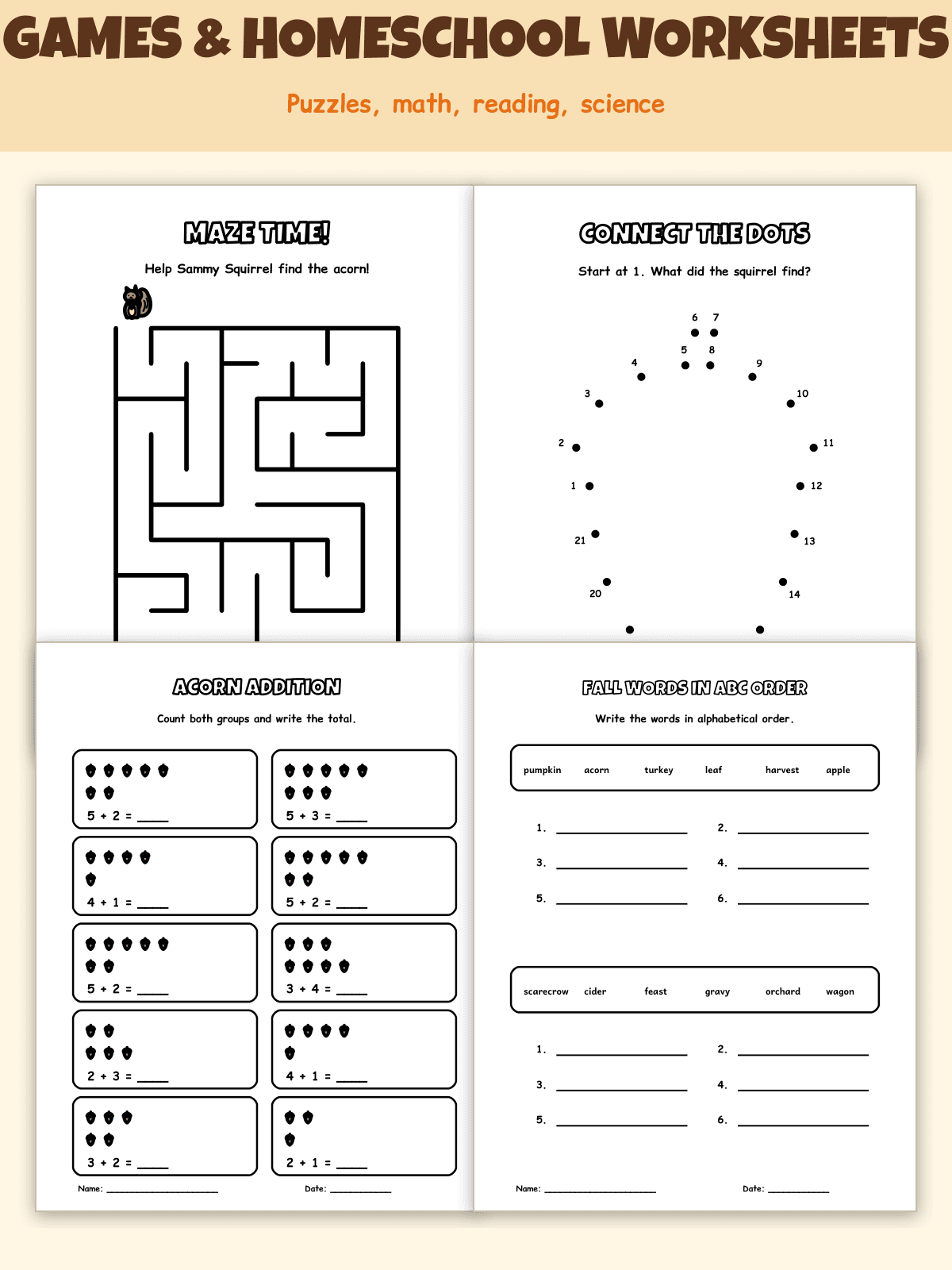 Complete Thanksgiving & Autumn Classroom/Homeschool Mega-Bundle | 154 Printable Pages: Coloring, Turkey Crafts, Placemats, Games & Worksheets sample page 3