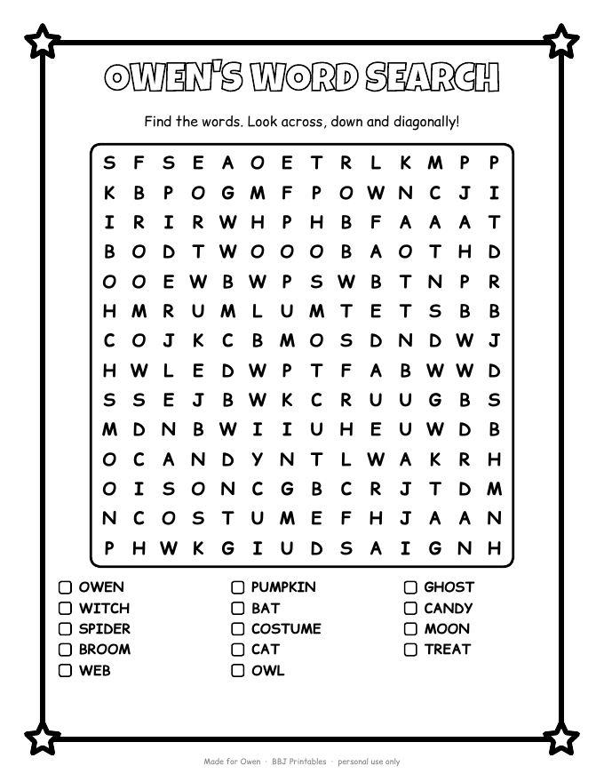 Sample Word search with the name