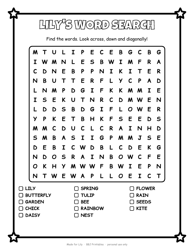 Sample Word search with the name