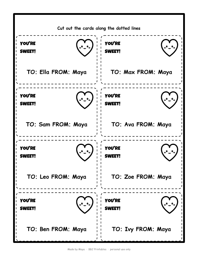 Sample Card sheet with names